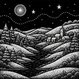 Black and white stamped illustration of a night scene with hills, trees, and a village