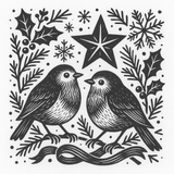 Black and white illustration of two robins, holly leaves, snowflakes, and a star on a white background.