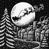 Black and white illustration of Santa Claus in a sleigh with reindeer over a village at night.