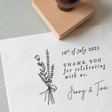 Flower Bouquet Wedding Stamp featuring the wording thank you for celebrating with us