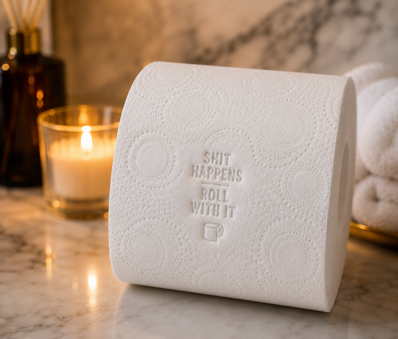 Funny quote embossed onto a toilet roll with a custom toilet roll stamp or pixie stamp