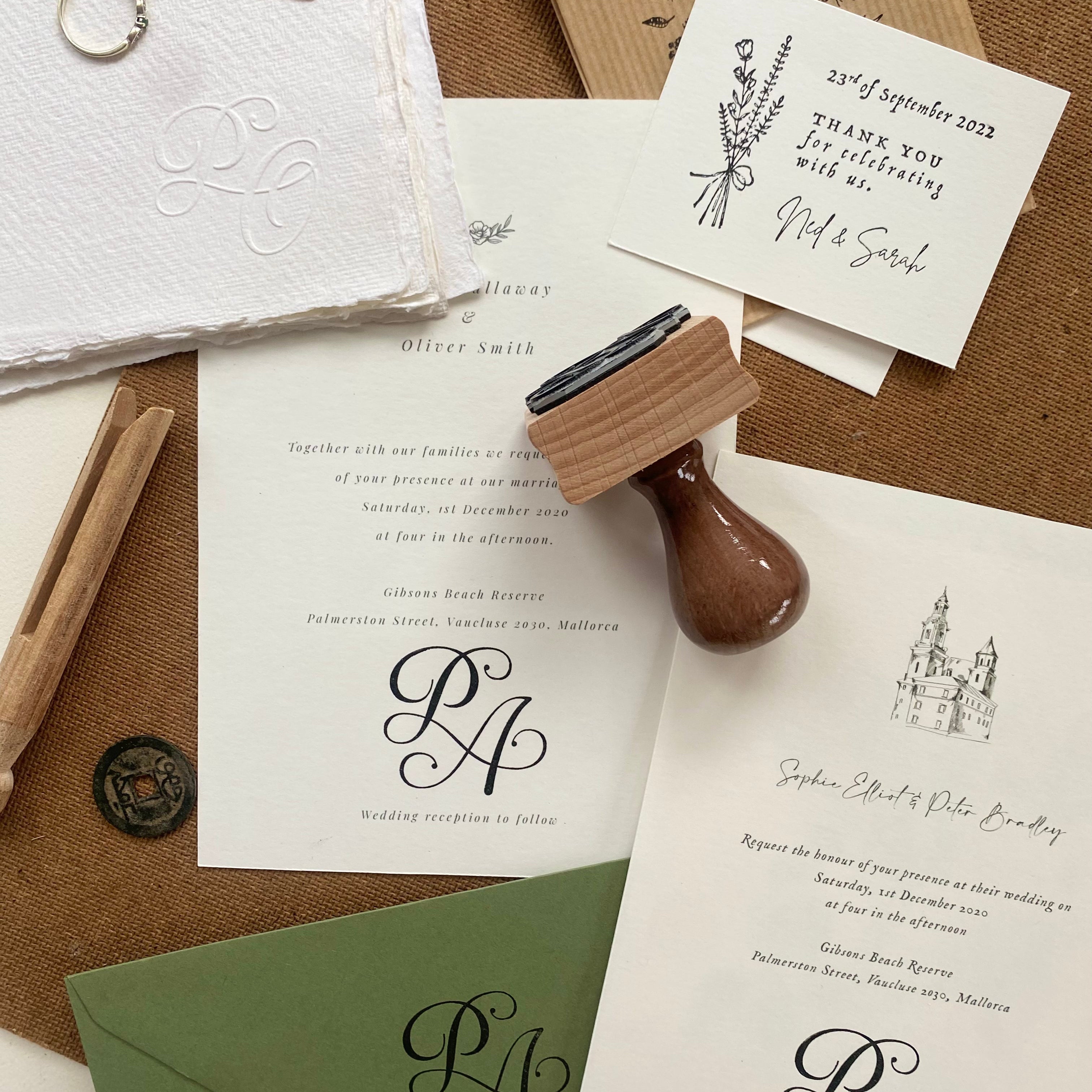 Wedding Stationery made with custom rubber stamps and an initial embosser