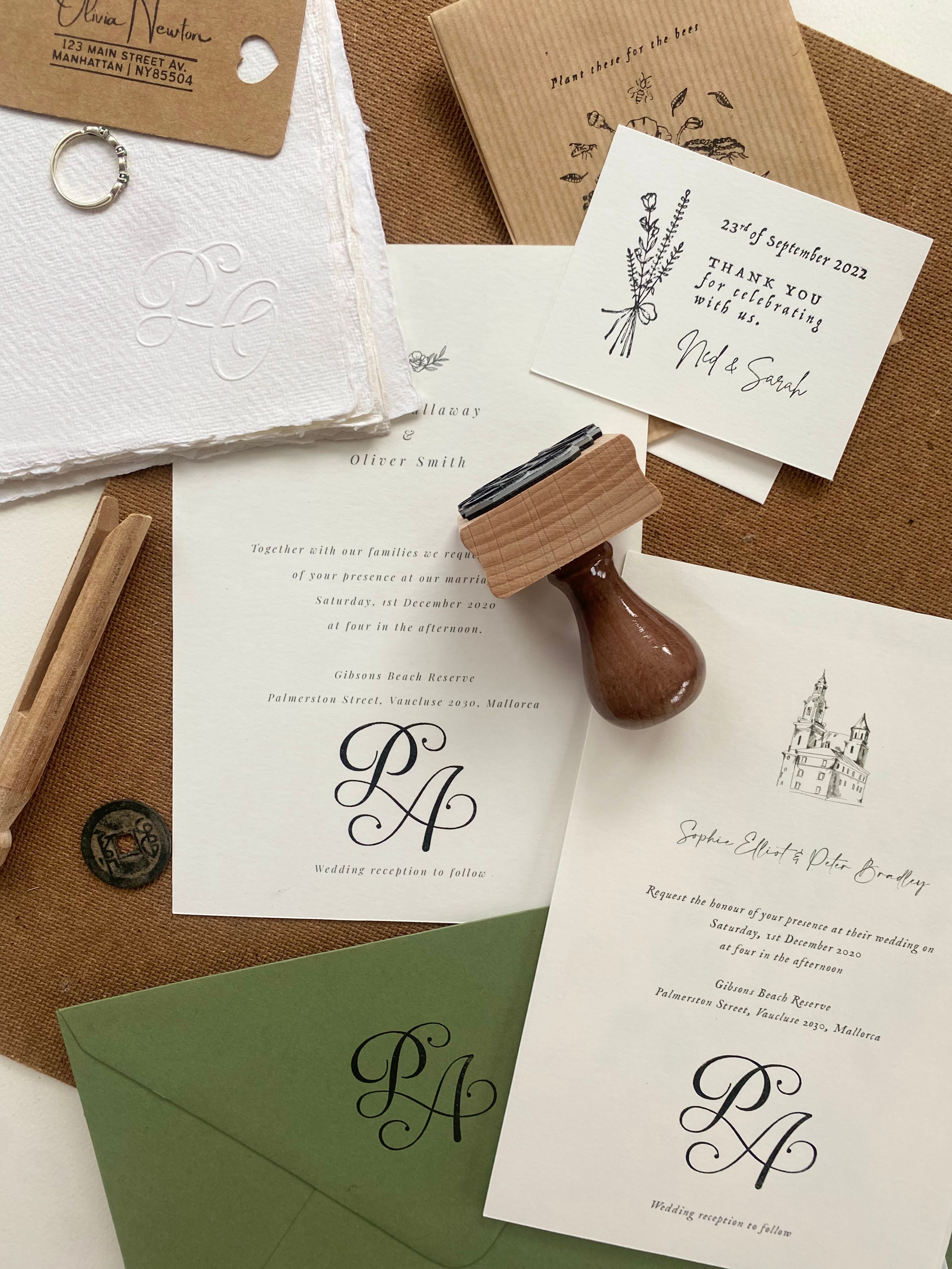 Wedding Stationery made with custom rubber stamps and an initial embosser