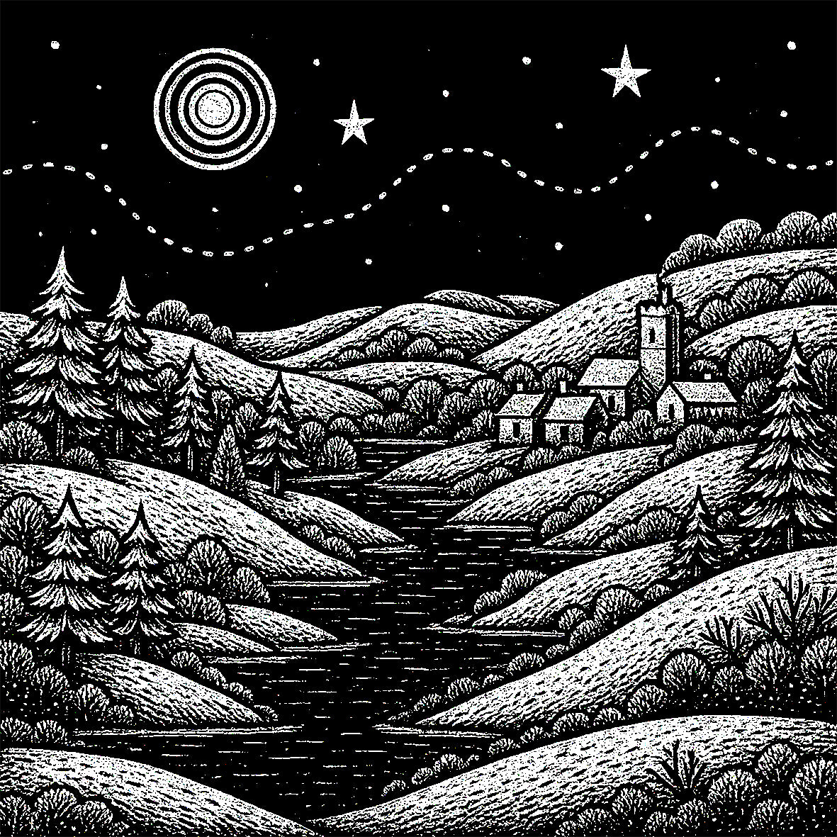 Black and white stamped illustration of a night scene with hills, trees, and a village