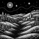 Black and white stamped illustration of a night scene with hills, trees, and a village