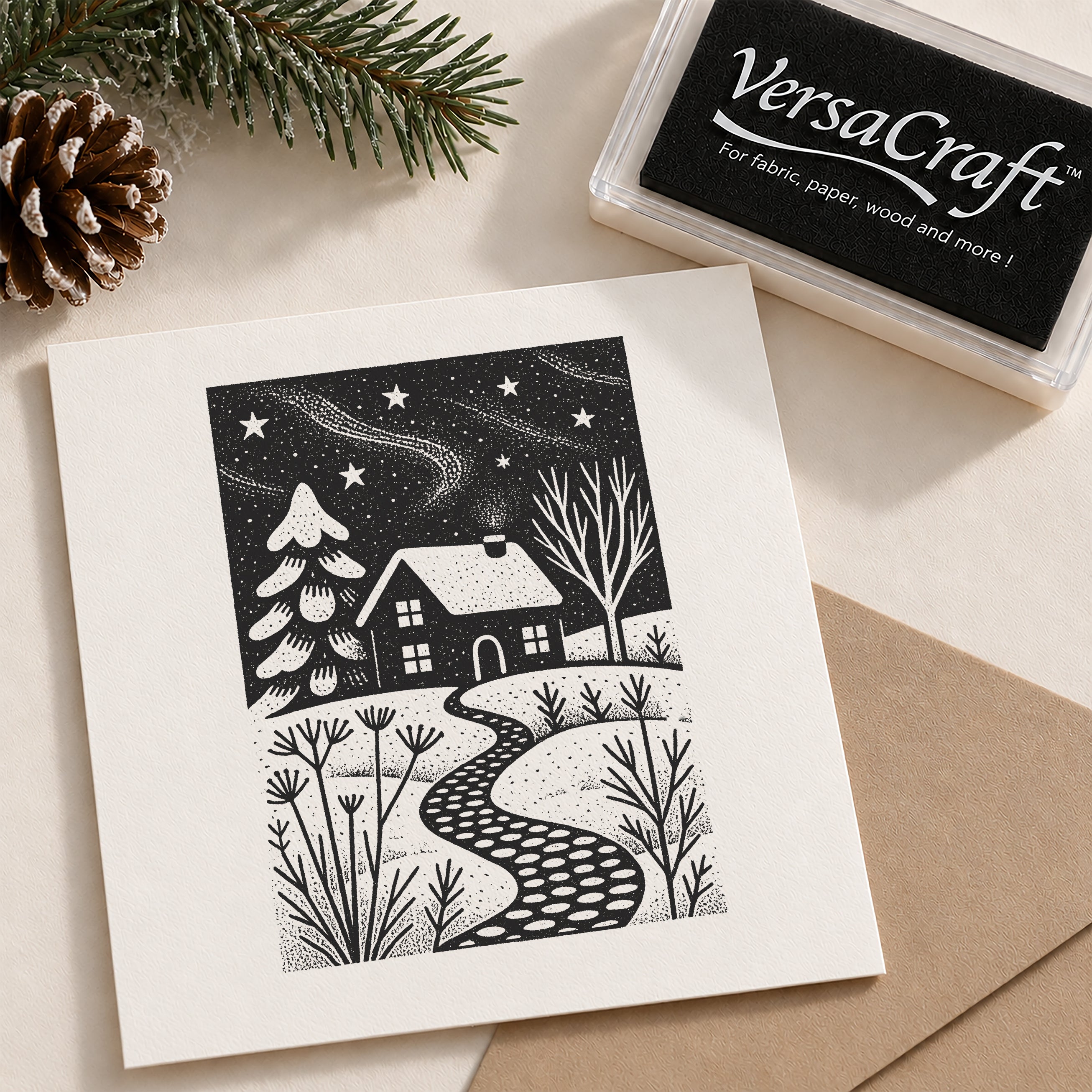A square cream card with a black-and-white winter house illustration, shown with a VersaCraft ink pad and kraft paper envelope on a light neutral background. Pine branches and a pinecone are styled at the top left.