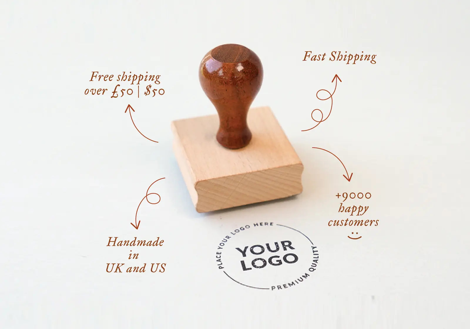 Custom logo rubber stamp for stationery and small business branding, handmade in the UK and USA