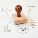 Custom logo rubber stamp for stationery and small business branding, handmade in the UK and USA