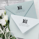 Custom Wedding Venue stamp featuring illustration of the venue and a  modern Address Stamp on a blue envelope
