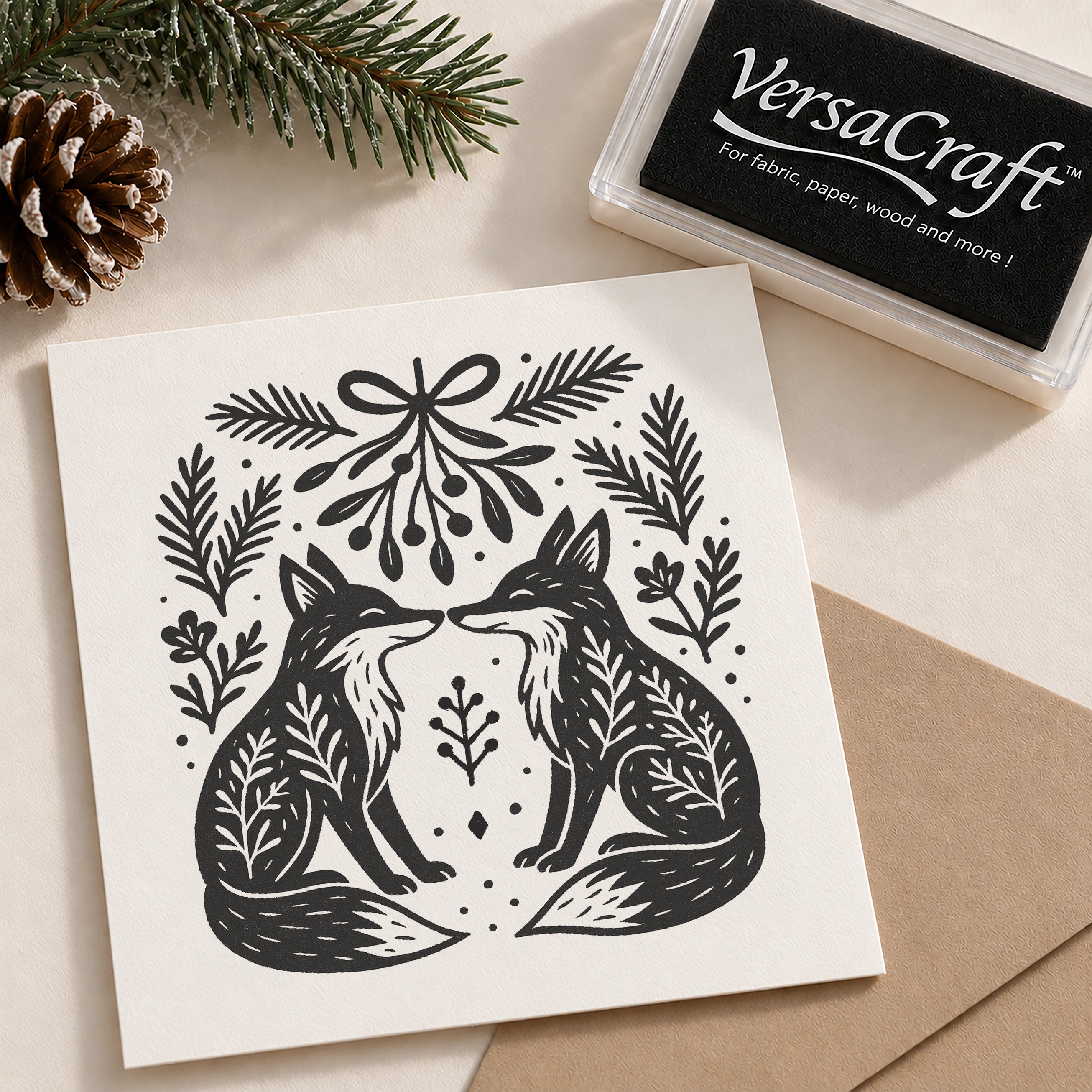 A rubber stamp and ink pad set displayed on a neutral background with a kraft paper envelope and pine decoration. The stamp features a black ink design of two foxes facing each other, surrounded by festive evergreen branches and a bow.