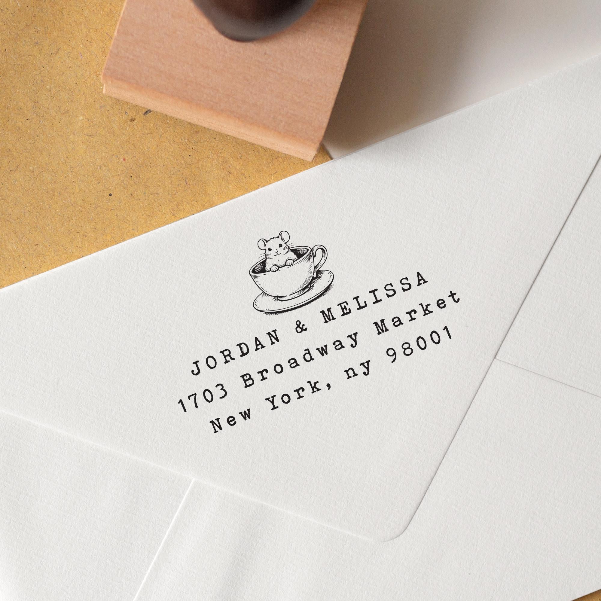 House Mouse Address Stamp with Hand-drawn Mouse Illustration and personalised address details stamped on to an envelope