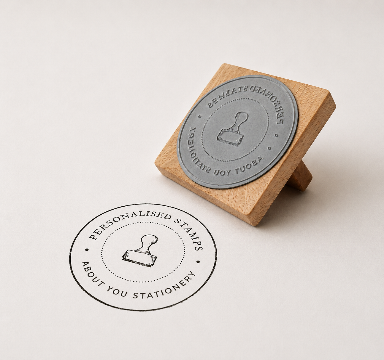 Large personalised rubber stamp with a custom logo stamp impression on white paper, ideal for branding packaging, paper bags, boxes and stationery.