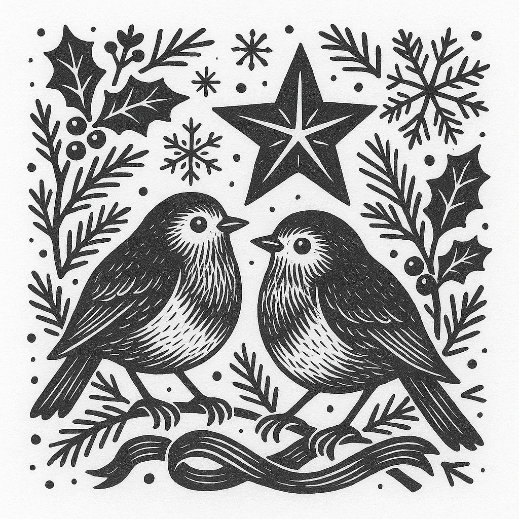 Black and white illustration of two robins, holly leaves, snowflakes, and a star on a white background.