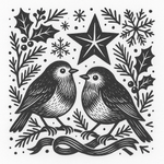 Black and white illustration of two robins, holly leaves, snowflakes, and a star on a white background.