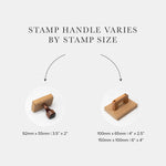 Two custom rubber stamps with different handles and dimensions displayed on a white background