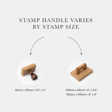 Two custom rubber stamps with different handles and dimensions displayed on a white background