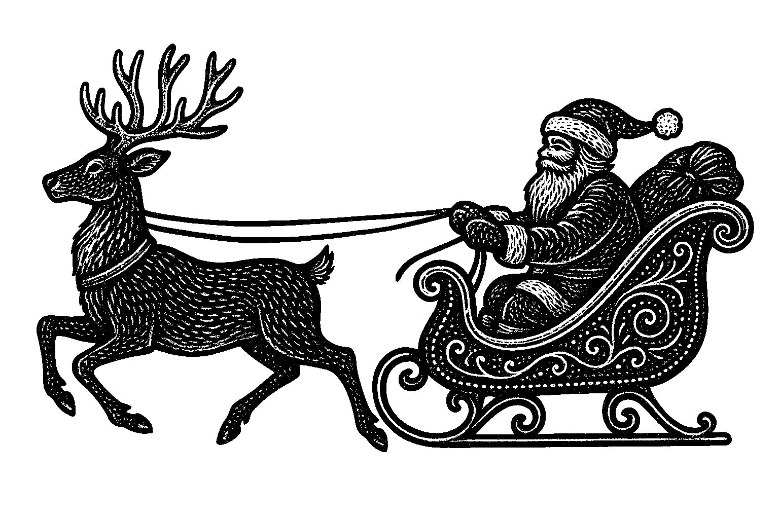 Black and white illustration of Santa Claus in a sleigh pulled by a reindeer.