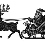 Black and white illustration of Santa Claus in a sleigh pulled by a reindeer.