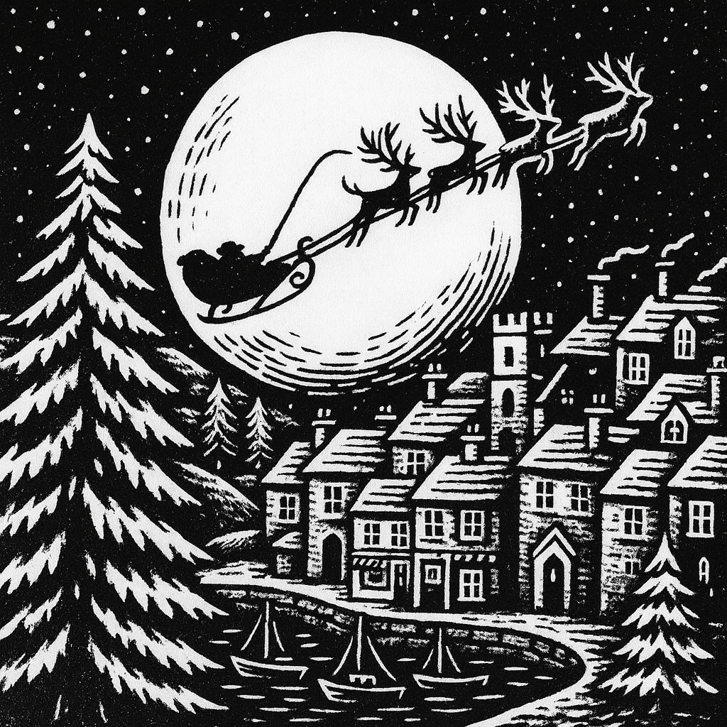 Black and white illustration of Santa Claus in a sleigh with reindeer over a village at night.