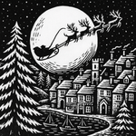 Black and white illustration of Santa Claus in a sleigh with reindeer over a village at night.
