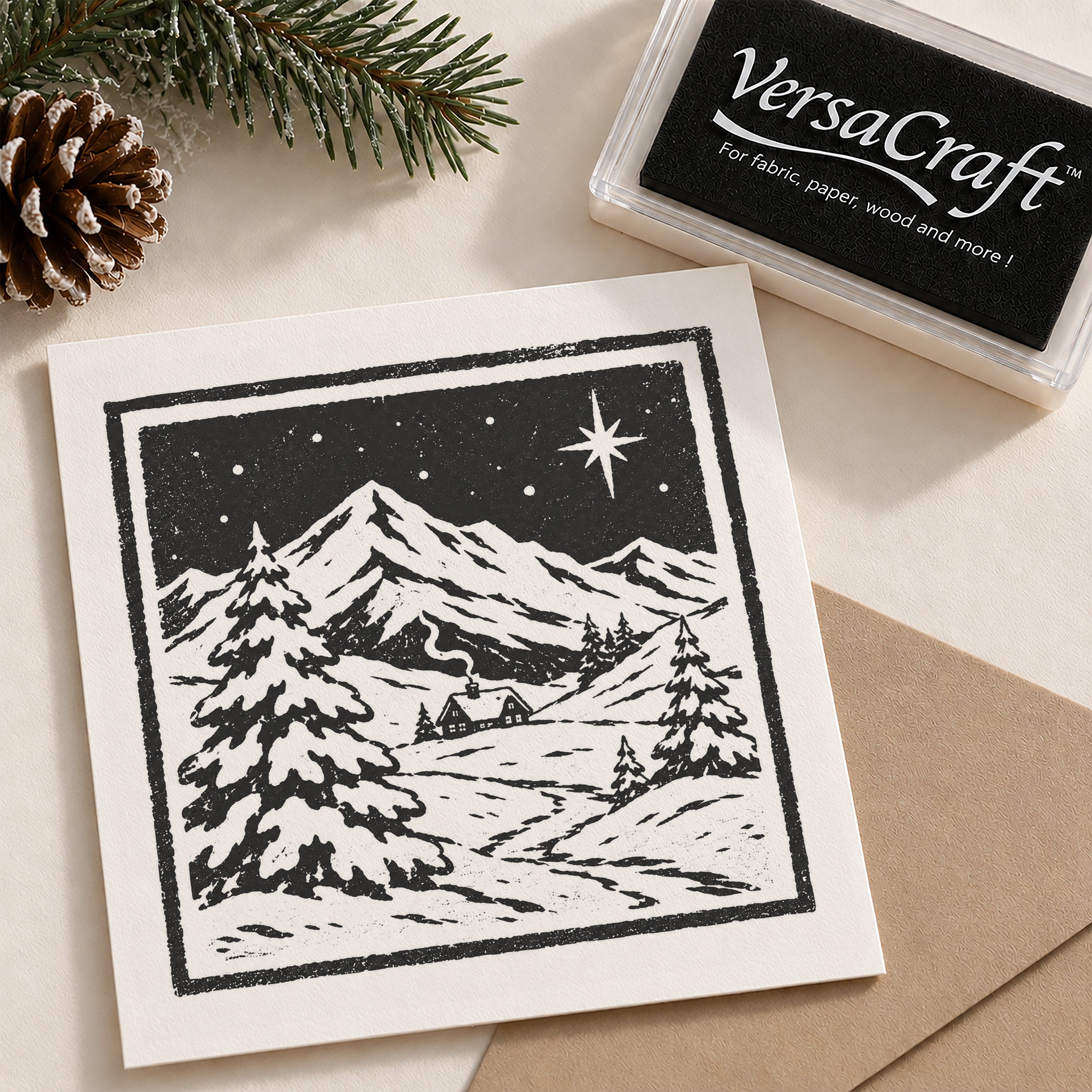 A rubber wooden stamp featuring a black-and-white winter mountain landscape with pine trees and a star, shown alongside the VersaCraft ink pad  and a kraft paper envelope on a neutral background.
