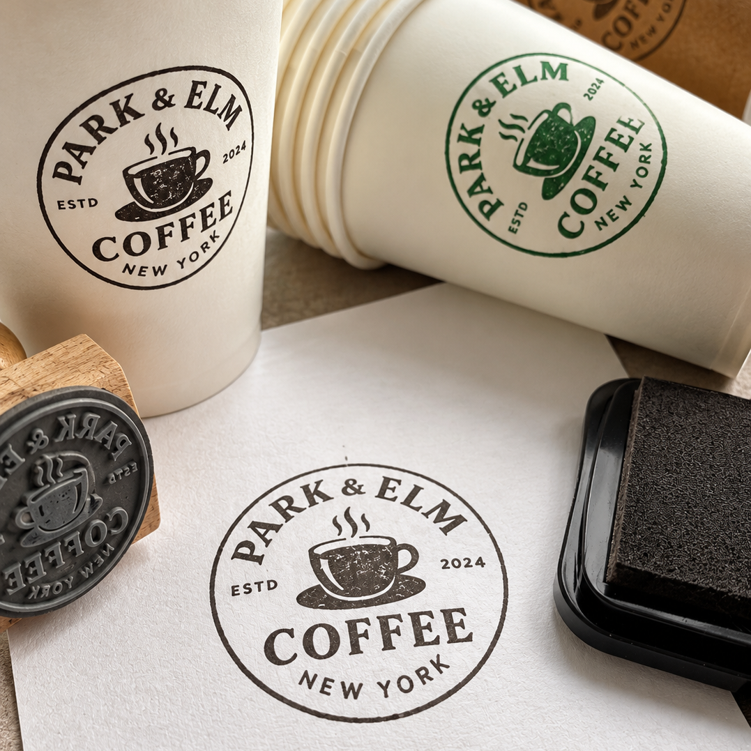 A branded coffee cup stamp set from Park & Elm Coffee, including a wooden-handled rubber stamp, a black StazOn ink pad, stacked white paper cups with green and dark gray printed logos, and a paper cup filled with coffee on a tabletop.