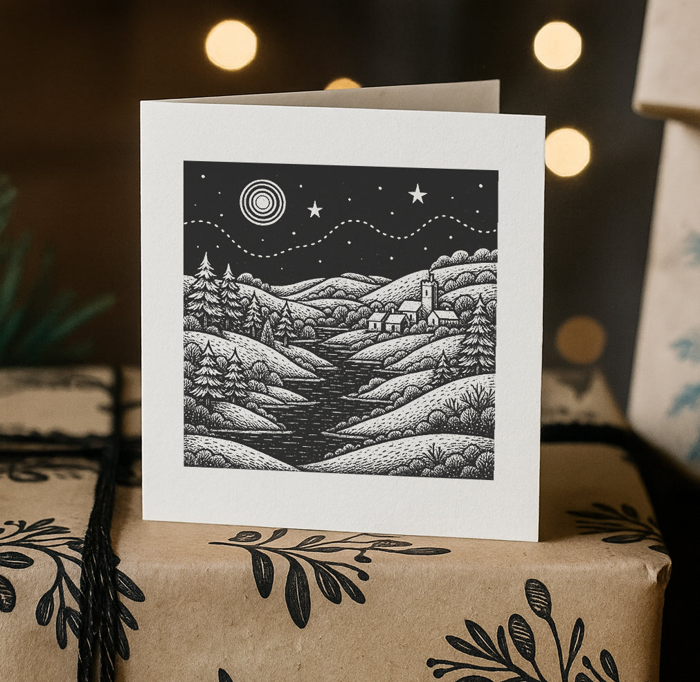 Greeting card stamped with a black and white Cornish landscape 