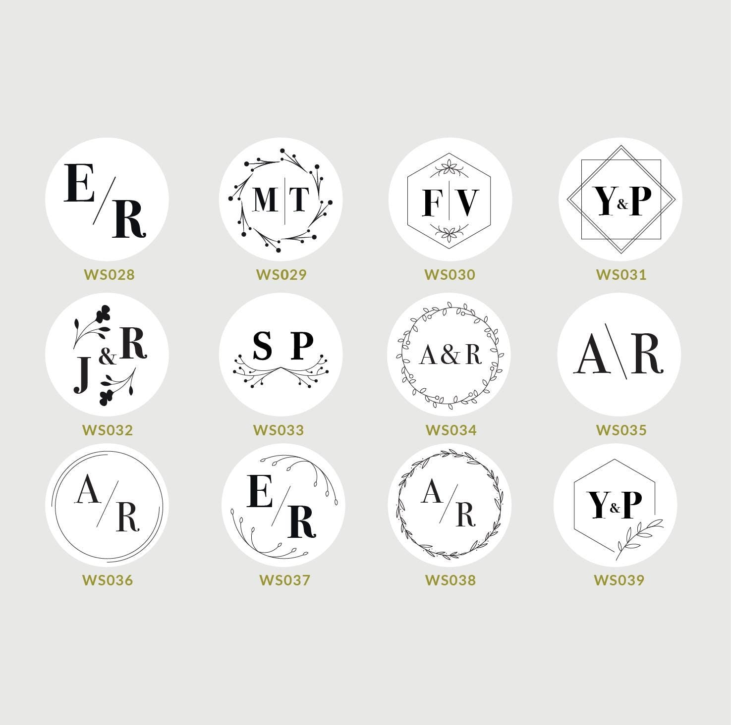A collection of custom monogram stamps with various initial letters, designed for use on wedding invitations and favors.