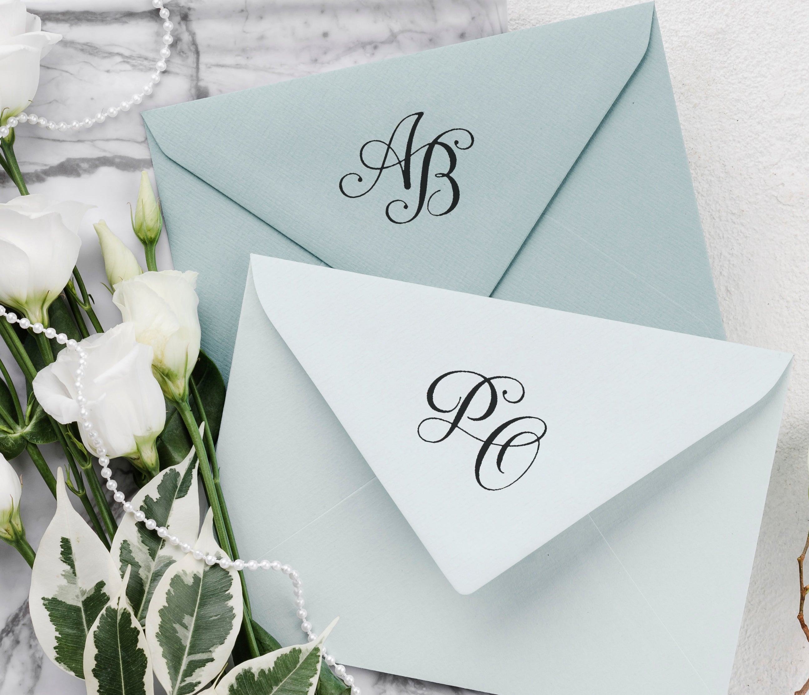 Personalised wedding monogram rubber stamp featuring couple’s initials