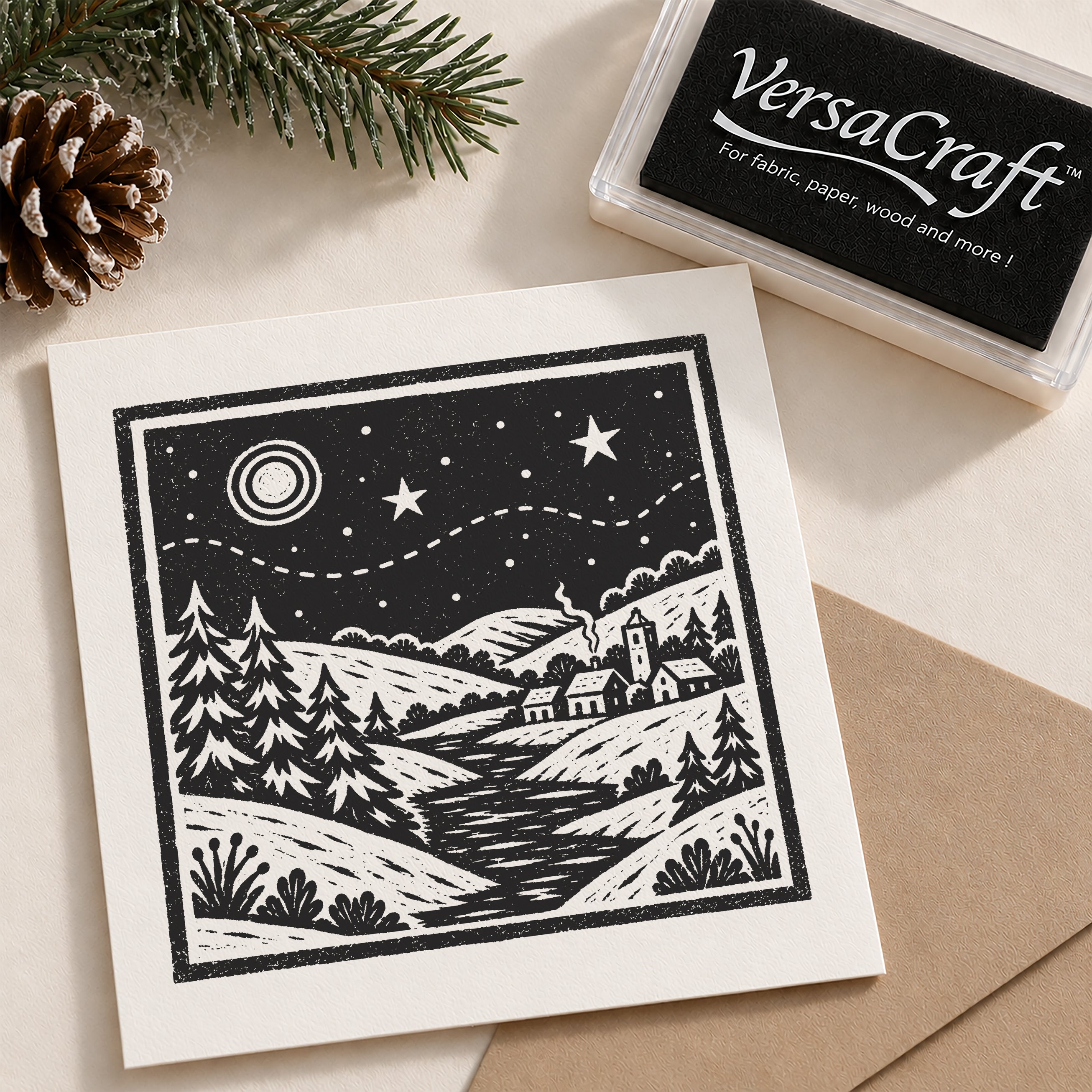 A Christmas card featuring a black and white winter landscape block print design, shown next to its black VersaCraft ink pad packaging on a beige surface with a pinecone and evergreen branch as props.