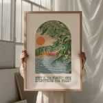 A tropical paradise illustration enclosed in an arch shape with text, What If You Already Have Everything You Need? at the bottom of the print.