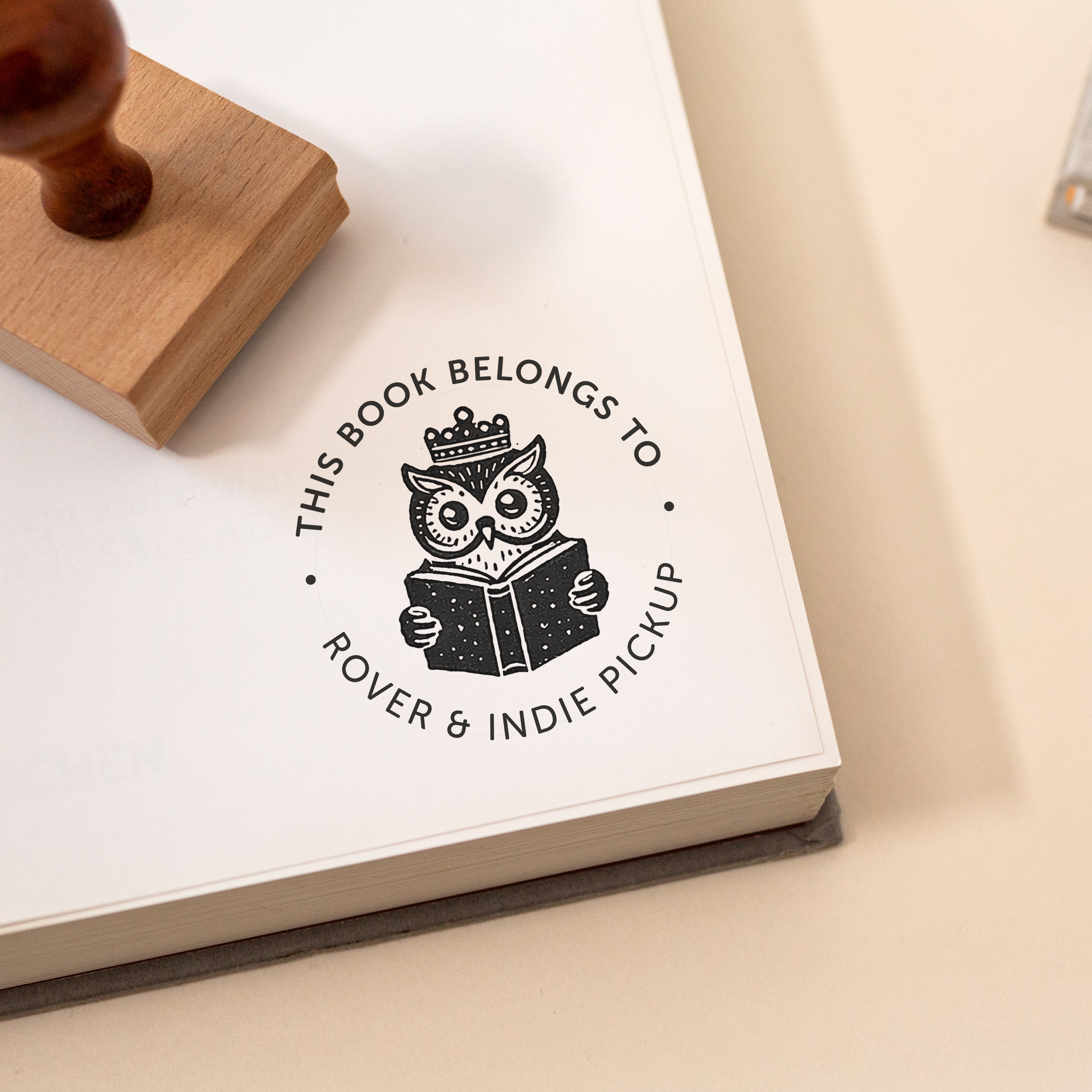 Kids Book Rubber Stamp featuring a beautiful illustration of an owl reading a book with the wording 'this book belongs to' stamped onto a book page