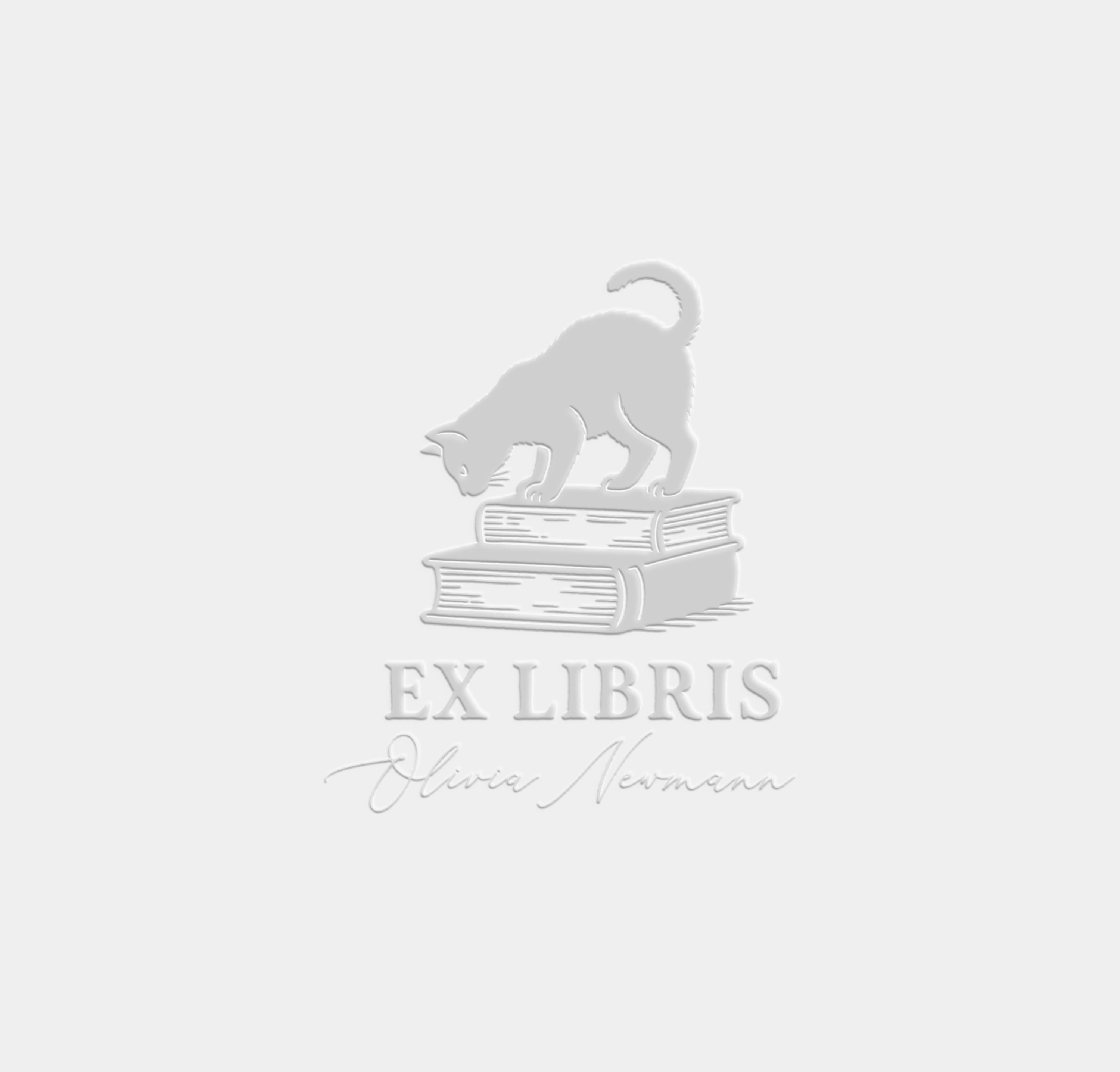 Embossed 'Ex Libris' design with a cat on books on a light gray background