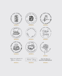 Collection of bookplate designs with text 'From the library of' on a light gray background.