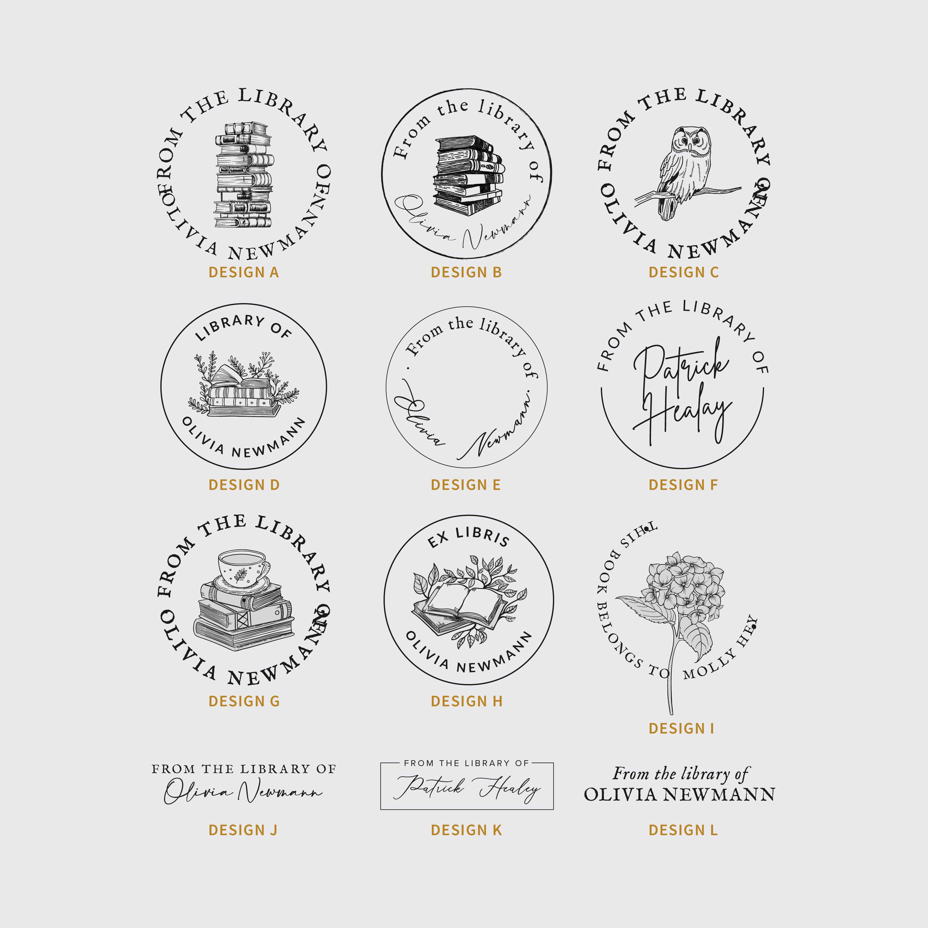 Collection of bookplate designs with text 'From the library of' on a light gray background.