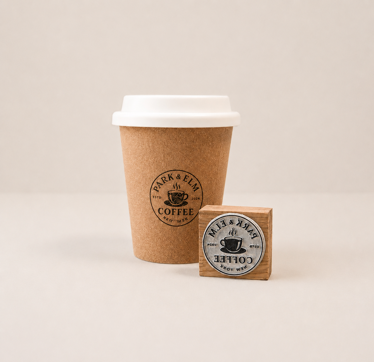 coffee cup stamped with a custom rubber logo stamp without handle 