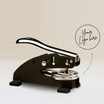 Custom desk embosser with personalised logo or text, heavy-duty desktop embossing seal for business stationery, wedding invitations and professional documents.