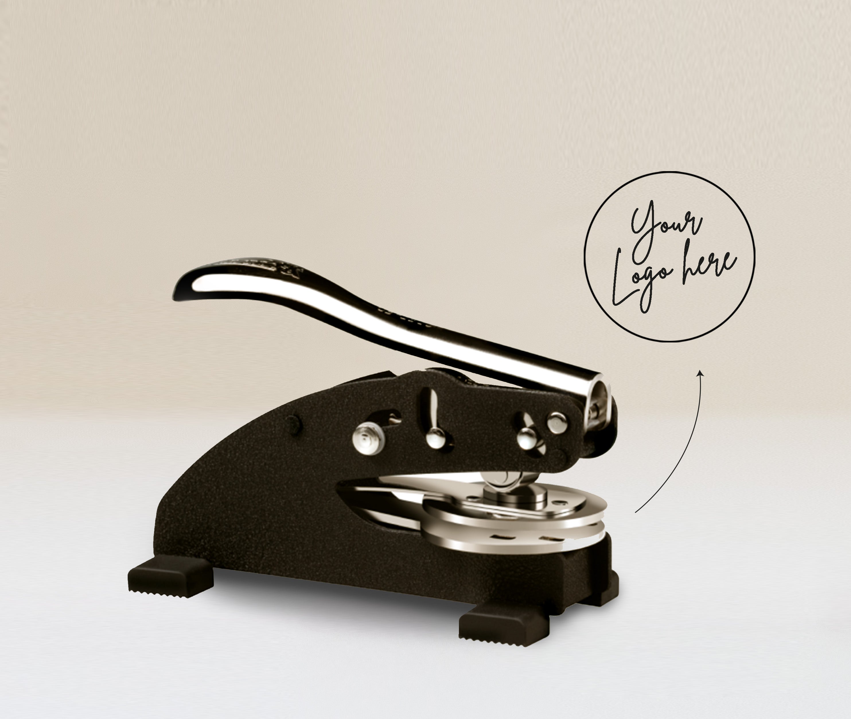 Custom desk embosser with personalised logo or text, heavy-duty desktop embossing seal for business stationery, wedding invitations and professional documents.