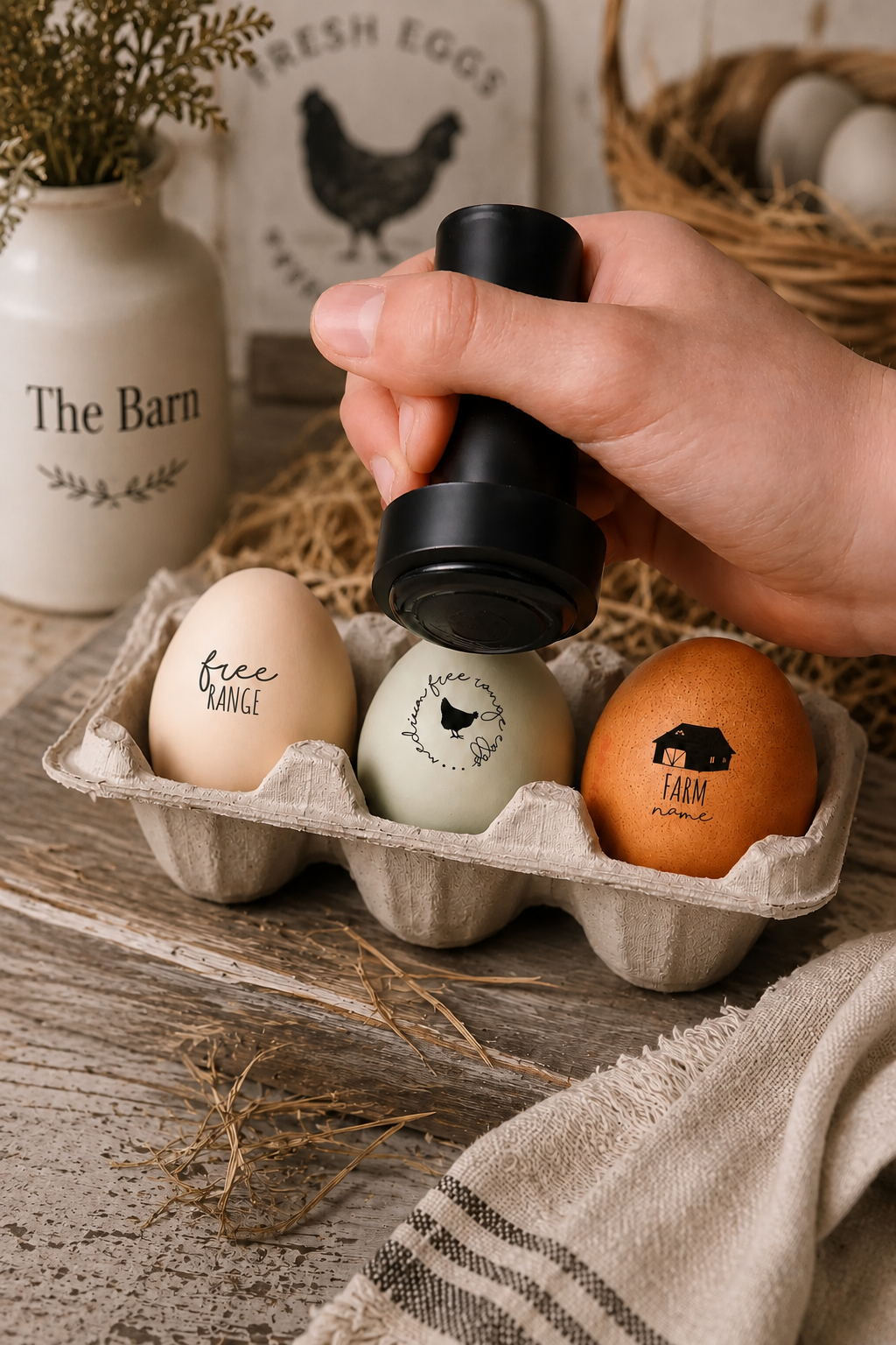 3 eggs in an egg carton being stamped with a custom egg stamp 