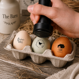 3 eggs in an egg carton being stamped with a custom egg stamp 