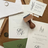 Custom rubber stamps and embosser used on elegant wedding stationery and small business branding