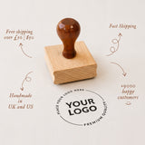 Custom logo rubber stamp for stationery and small business branding, handmade in the UK and USA