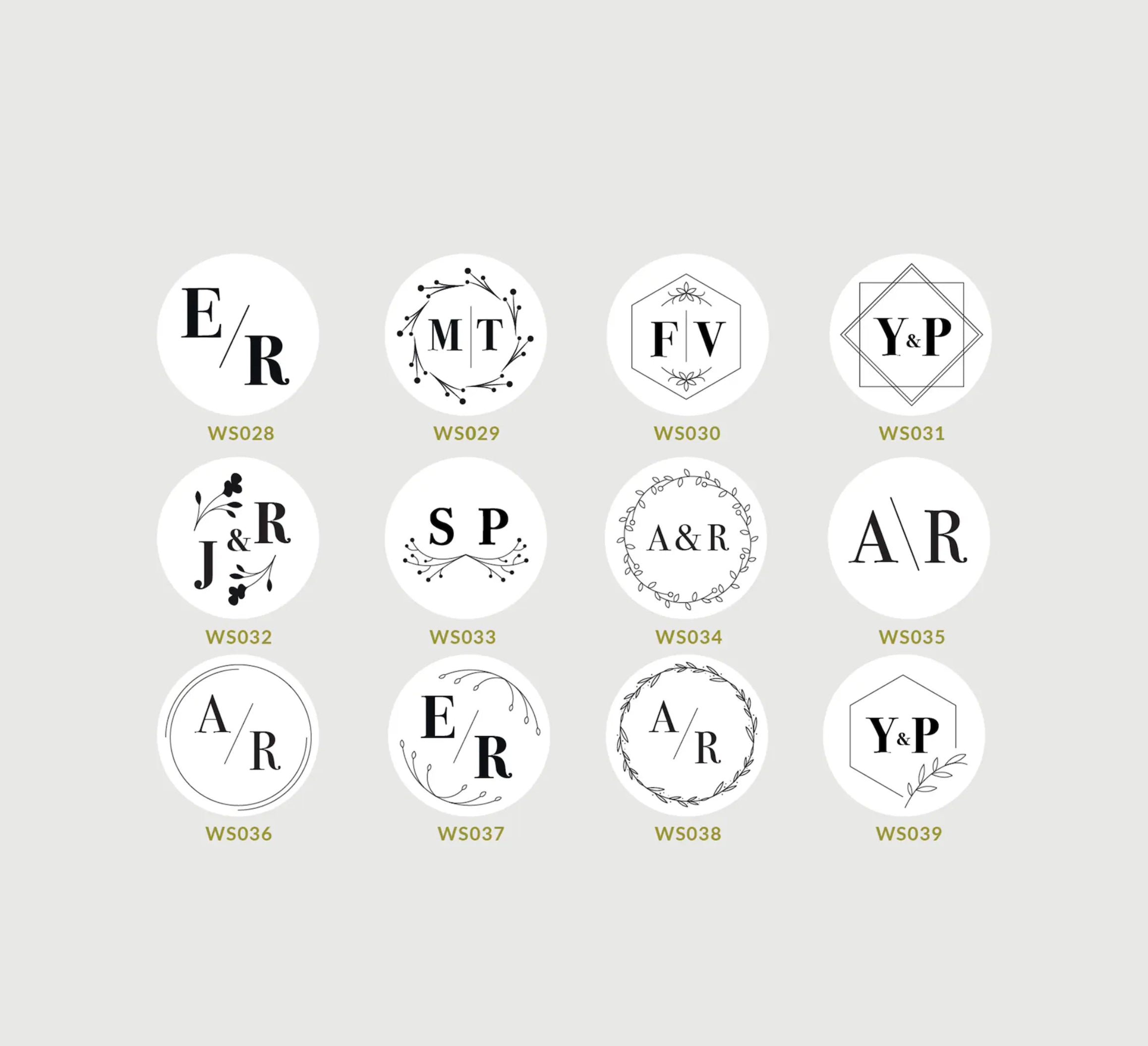 Collection of beautiful monogram designs for a custom wedding embosser on a gray background