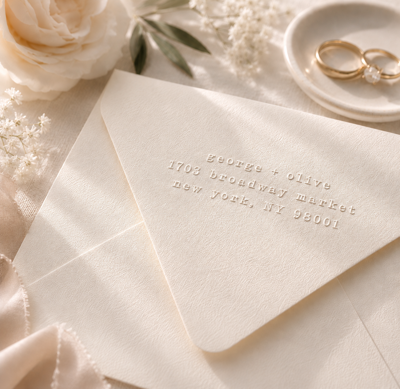 custom address embossed onto a high quality wedding envelope with wedding elements in the background
