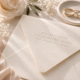 custom address embossed onto a high quality wedding envelope with wedding elements in the background