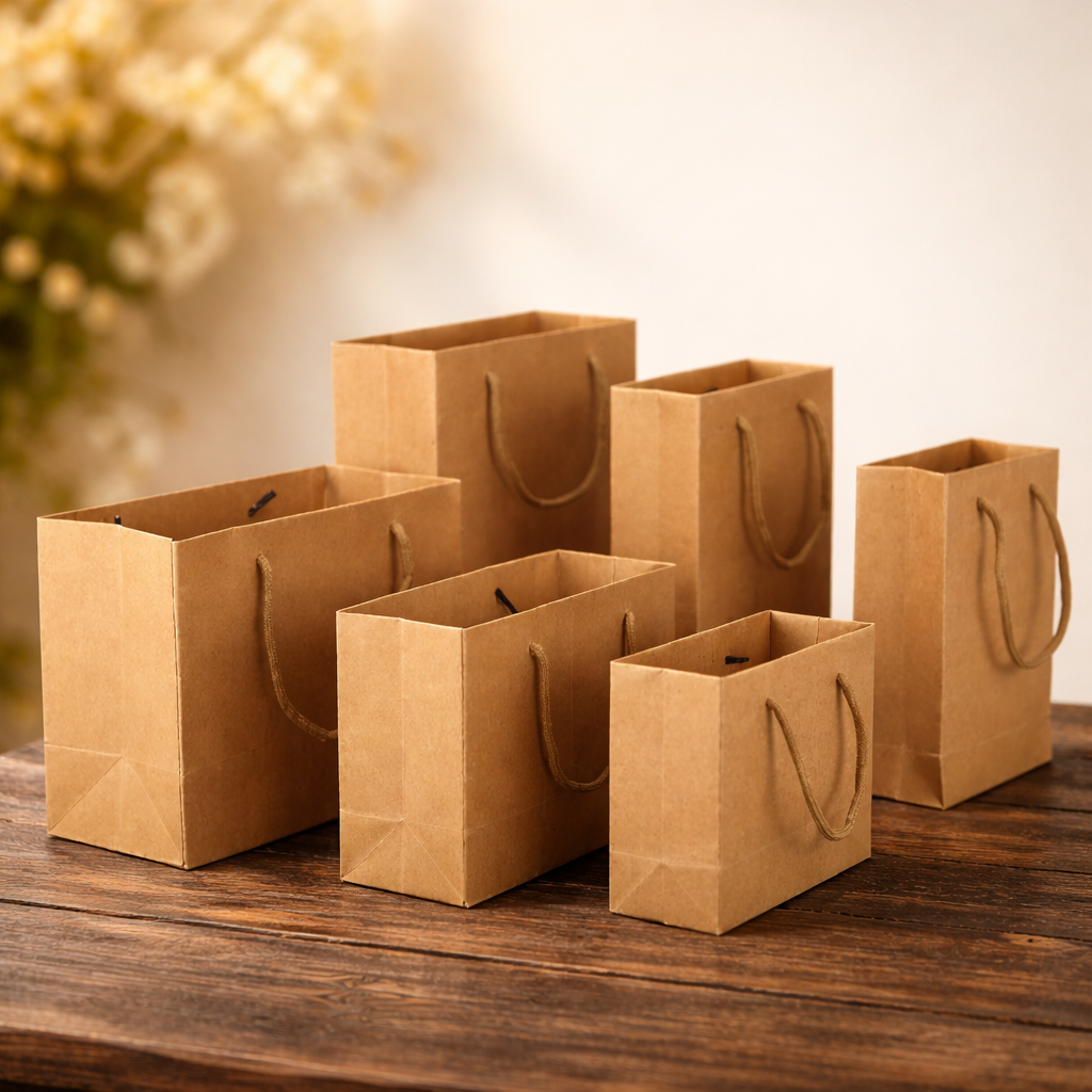 Set of brown paper bags on a wooden surface with a blurred floral background