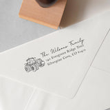 Farm Address Stamp with Tractor illustration stamped on to an envelope.