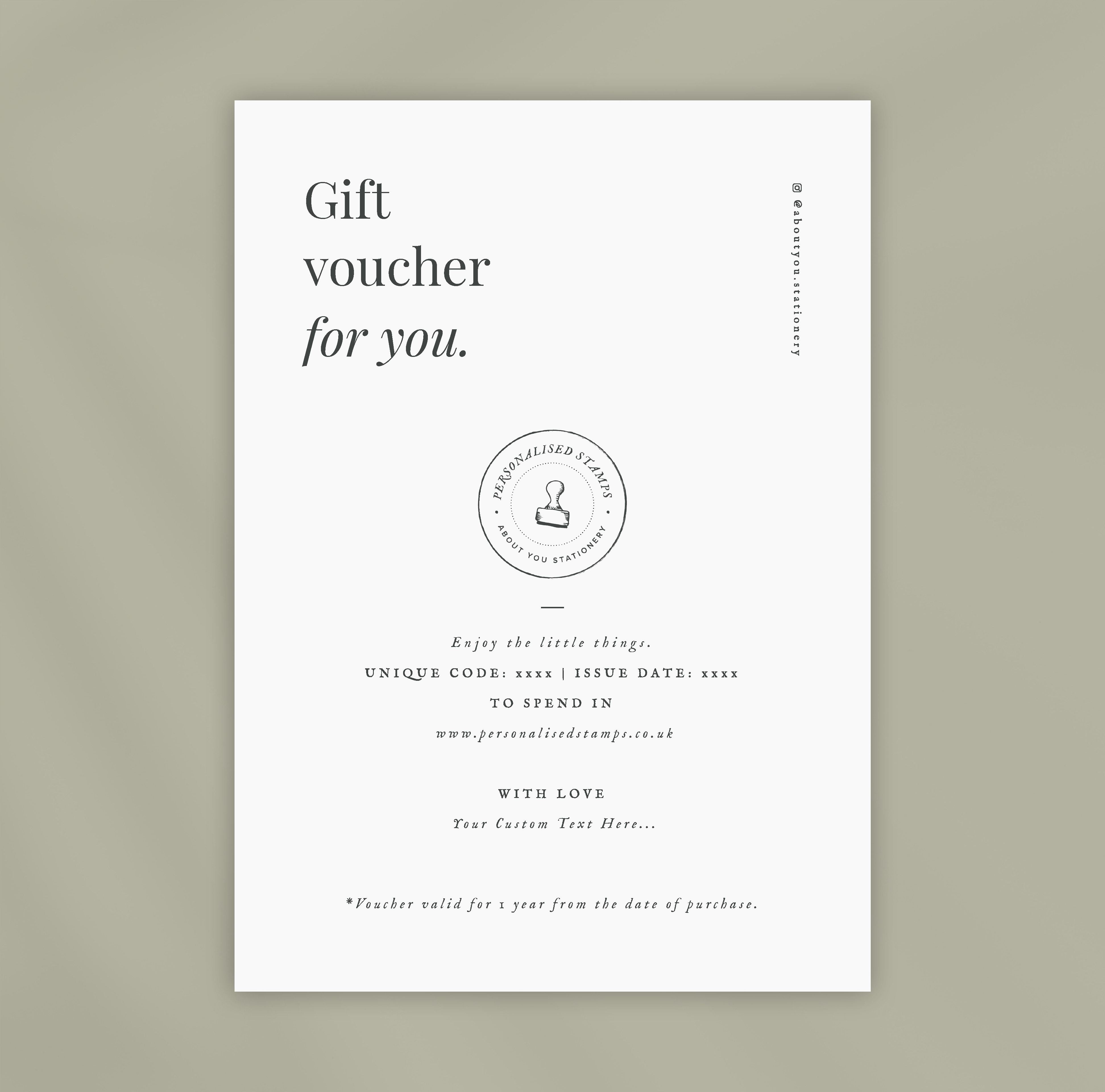 A digital gift voucher with a minimalist design, including a logo and a note to the recipient to enjoy the little things.