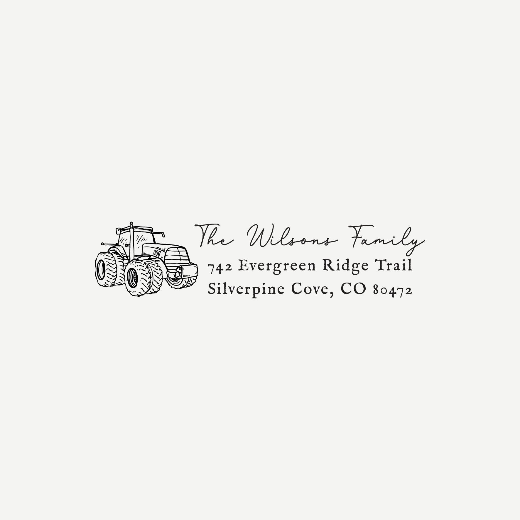 Farm Address Stamp with Tractor, Self-Inking or Wood Stamp