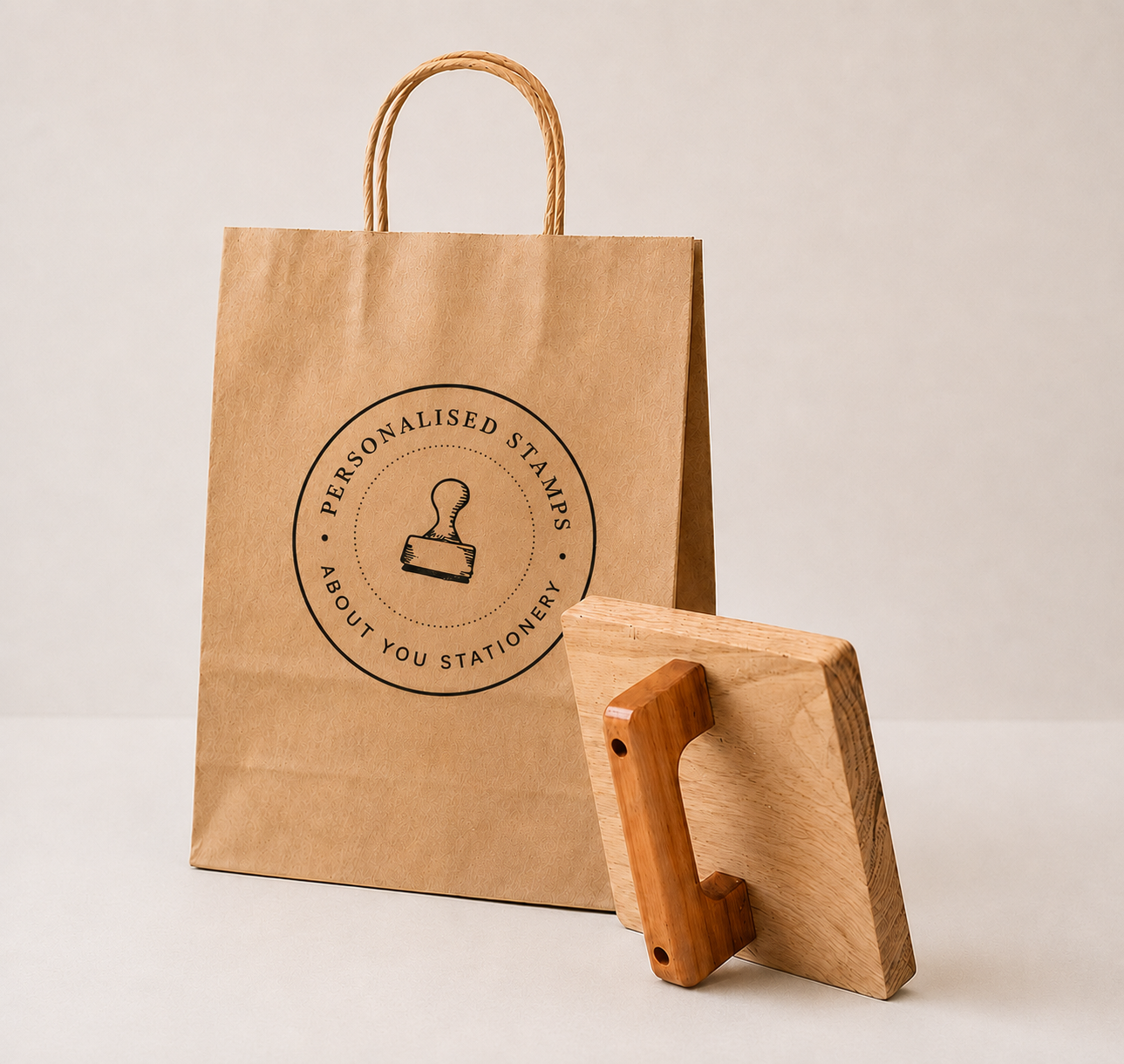Large custom rubber logo stamp with stamped paper bag reading "Made from Your Logo"